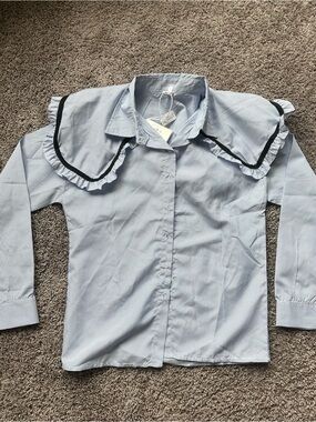 Light Blue Ruffle-Trim Button Down Shirt